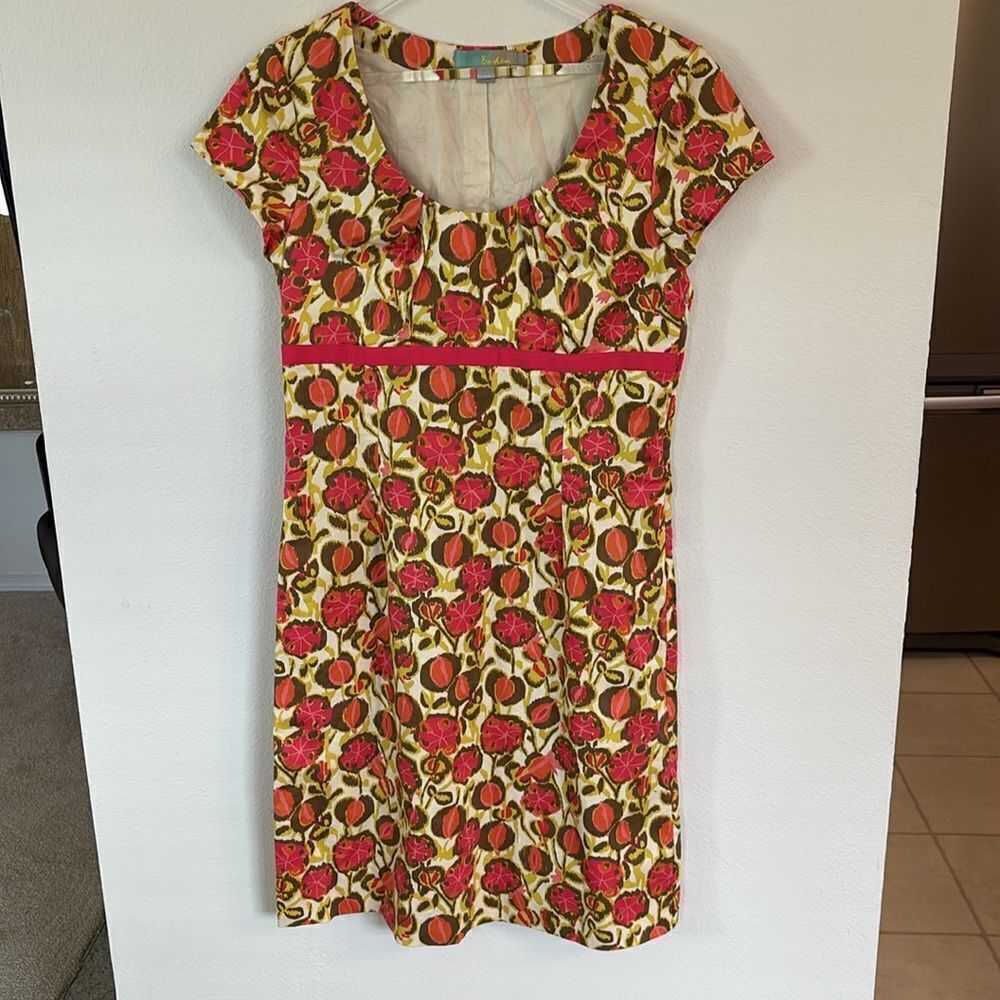 Boden Floral Pink Green Empire Waist Cotton Sheath Dress Cap Sleeves Size US 8R - Picture 2 of 10